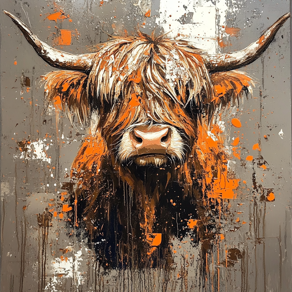 Highland Cow Brown & Orange Oil Art Luxury Canvas Wall Picture Print Colourful