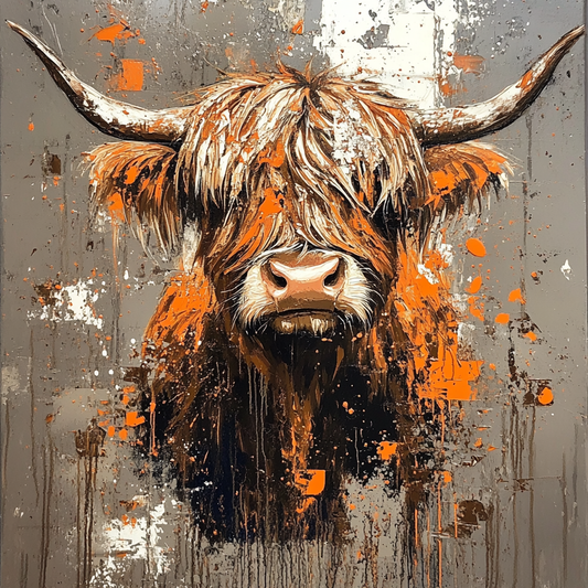 Highland Cow Brown & Orange Oil Art Luxury Canvas Wall Picture Print Colourful