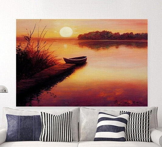 Canvas Print Sunset Boat Lake Unique Deep Framed Artwork