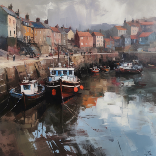 Yorkshire Coast Harbour Painting Art Luxury Canvas Wall Picture Print Colourful