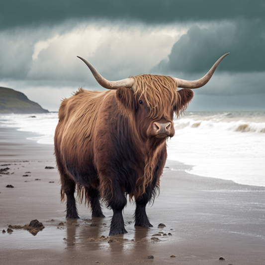Canvas Print Highland Cow Beach Background Unique Artwork