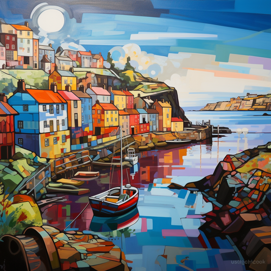 Yorkshire Coast Harbour Painting Art Luxury Canvas Wall Picture Print Colourful