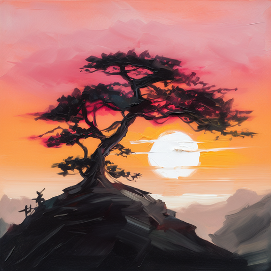 Abstract Bonsai Tree Sunset Painted Canvas Wall Art Picture Print Colourful