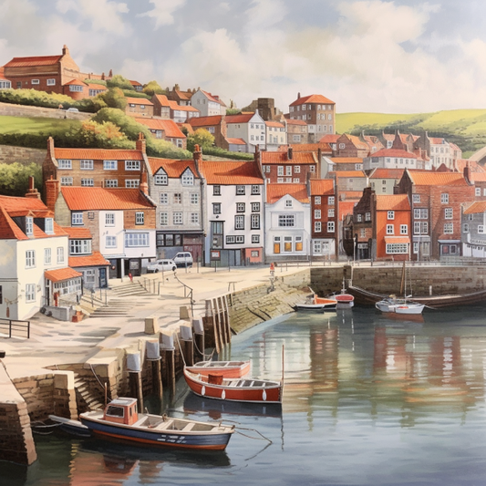 Yorkshire Coast Harbour Painting Art Luxury Canvas Wall Picture Print Colourful