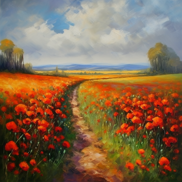 Red Poppy Fields Colourful Oil Art Luxury Canvas Wall Picture Print Colourful