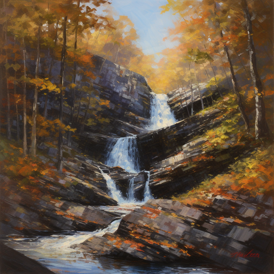 Waterfall Autumn Oil Paint River Canvas Wall Picture Print Colourful