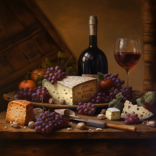 Wine Cheese Board Grapes Classic Oil Painting Art Canvas Wall Print Colourful