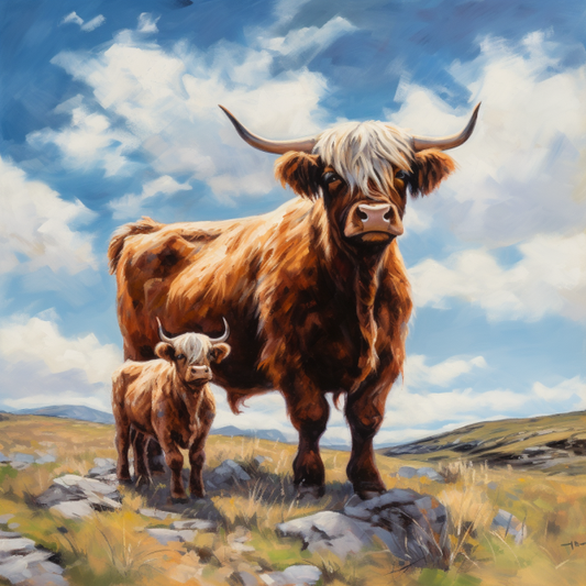Canvas Print Highland Cow and Calf Oil Painting Unique Deep Framed Artwork