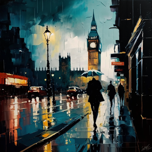 Big Ben Oil Painting London Rain Luxury Canvas Wall Art Picture Print Colourful