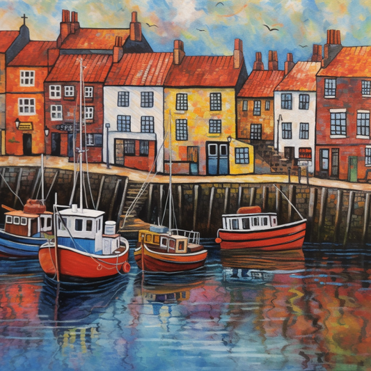 Yorkshire Coast Harbour Painting Art Luxury Canvas Wall Picture Print Colourful