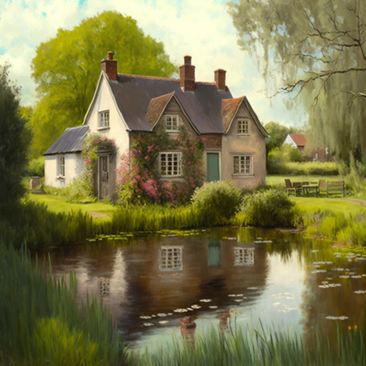 Cottage Oil Painting Pond Luxury Canvas Wall Art Picture Print Colourful